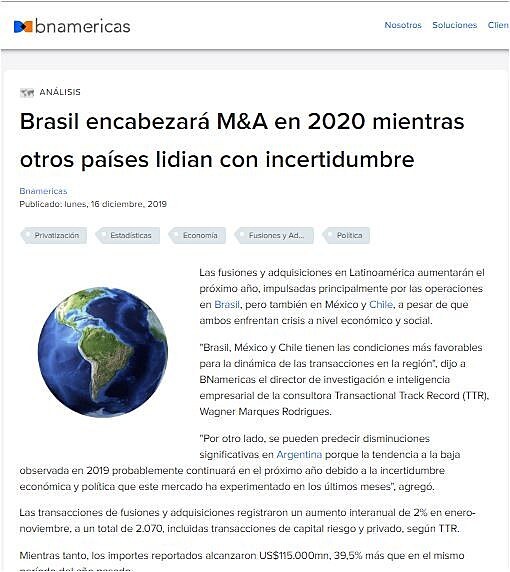 Brasil encabezar M&A en 2020 mientras otros pases lidian con incertidumbre
